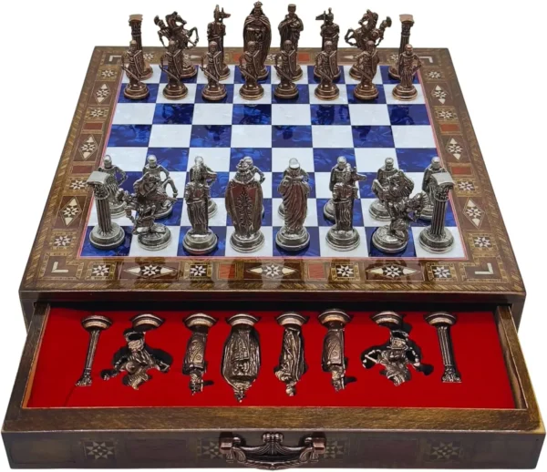 15’’ Handmade Chess Set with British Army Metal Chess Pieces, Luxury Storage Chess Board, for All Ages, Ideal for Father, (Blue)